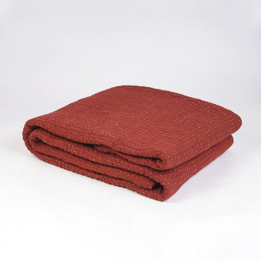 Terracotta Kantha Hand Quilted 4-Layer Cotton Muslin Quilt Bedspread