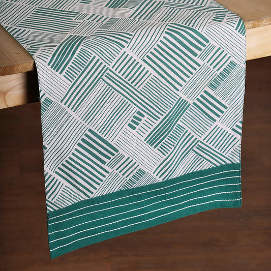 Modern Retro Aqua Green Stripe Print Cotton Table Runner | Embroidered Border | 4 & 6 Seater