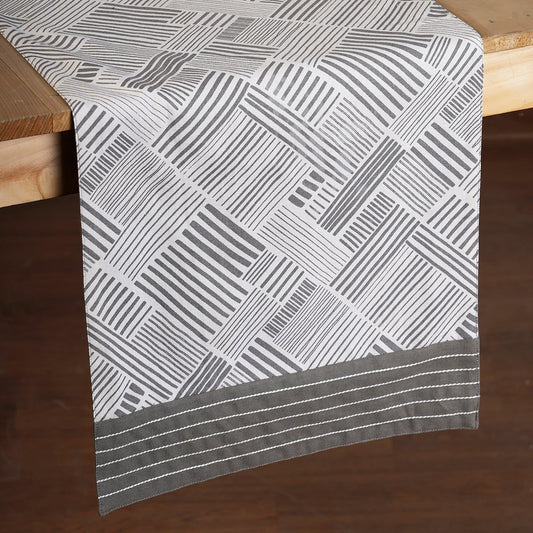 Modern Retro Grey Cotton Table Runner with Embroidered Stripe