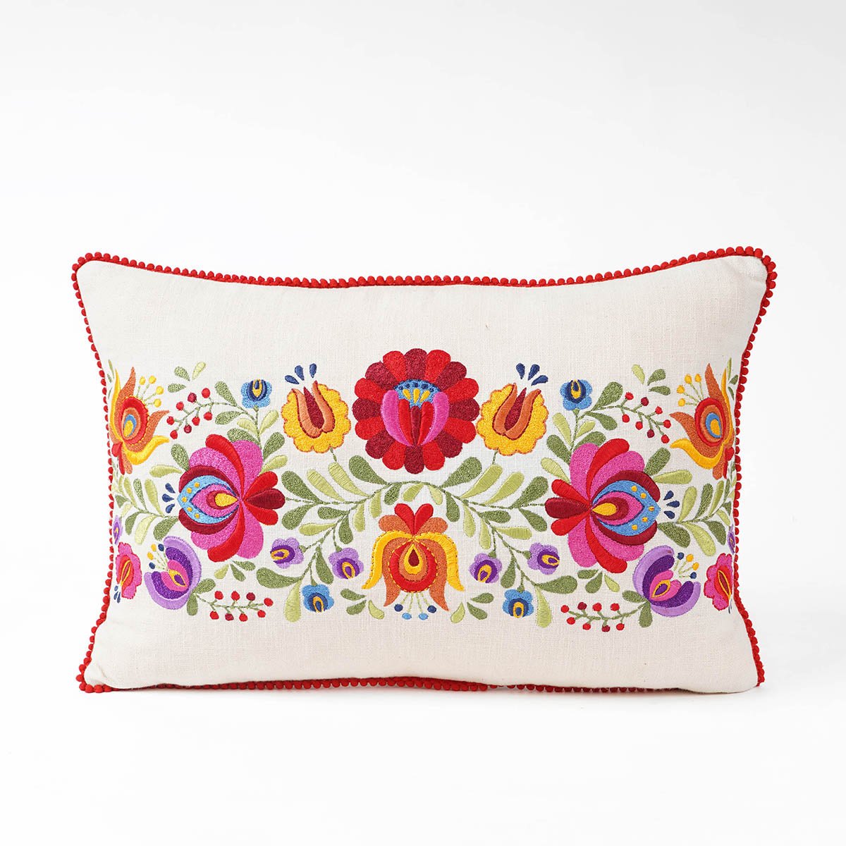 MATYO Embroidered Oblong Cotton Pillow Cover with Red Pompom Lace