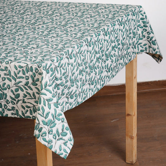 Aqua Green Leaf Print Cotton Tablecloth – Modern Retro Design