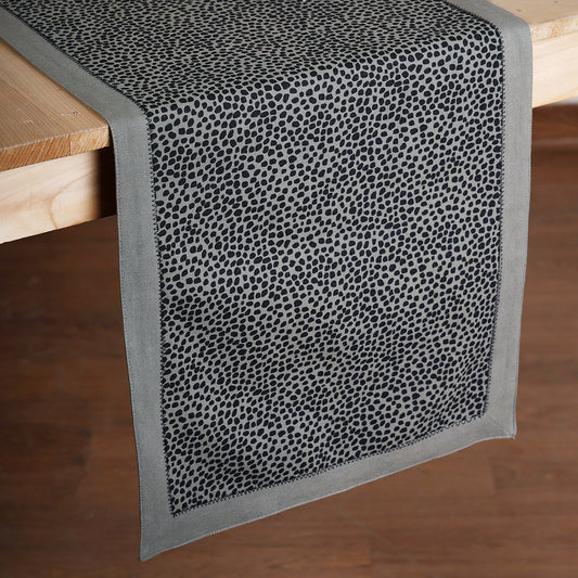 Modern Retro Grey Dot Print Cotton Table Runner | Zig-Zag Embroidered Border | 4 & 6 Seater