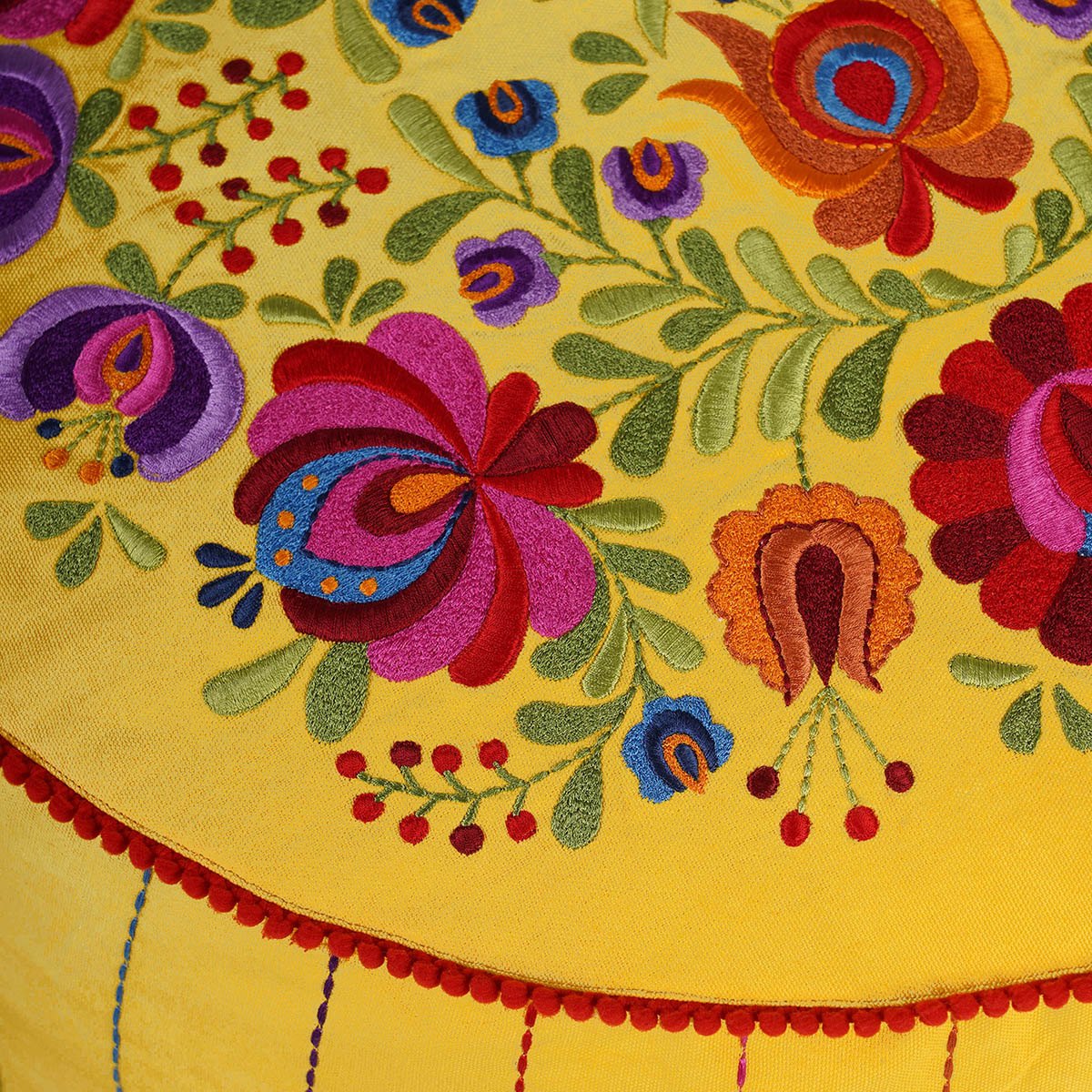 Matyo Yellow Boho Pouf Cover with Multicolour Rose Embroidery
