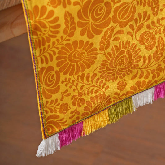 Matyo Yellow Printed Cotton Table Runner with Multicolour Acrylic Fringe
