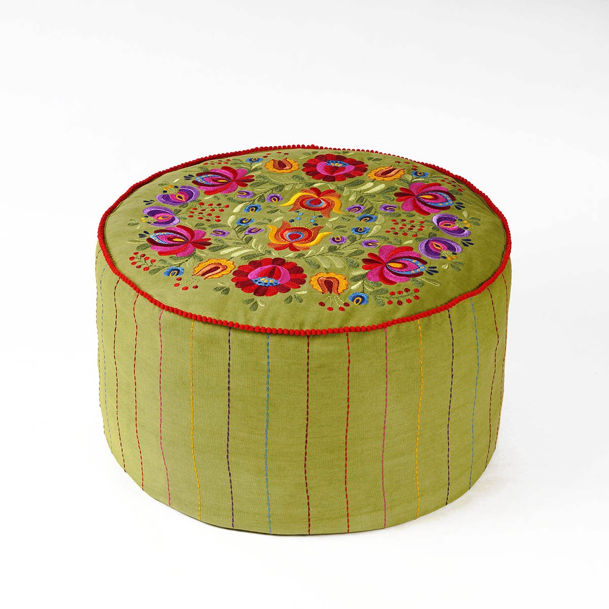 Matyo Green Embroidered Boho Pouf Cover with Rose Motif
