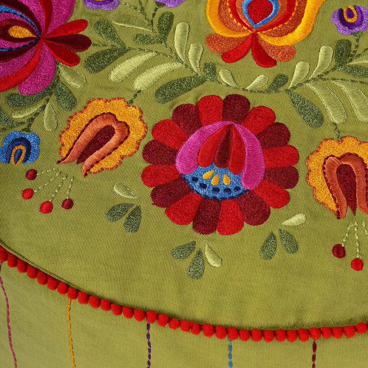 Matyo Green Embroidered Boho Pouf Cover with Rose Motif