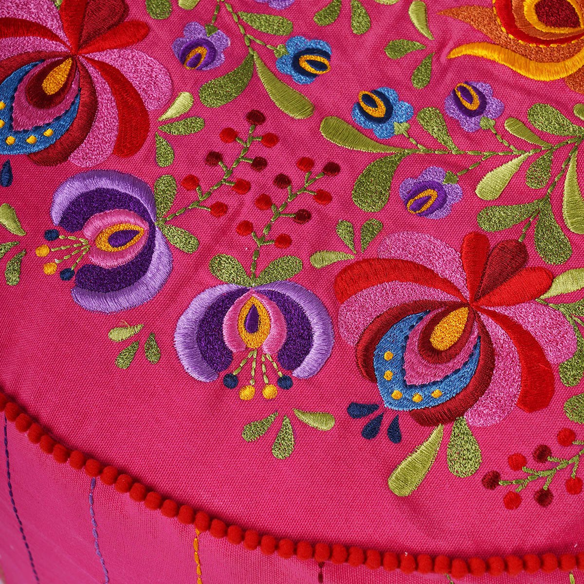 Matyo Hot Pink Embroidered Boho Pouf Cover with Rose Motif