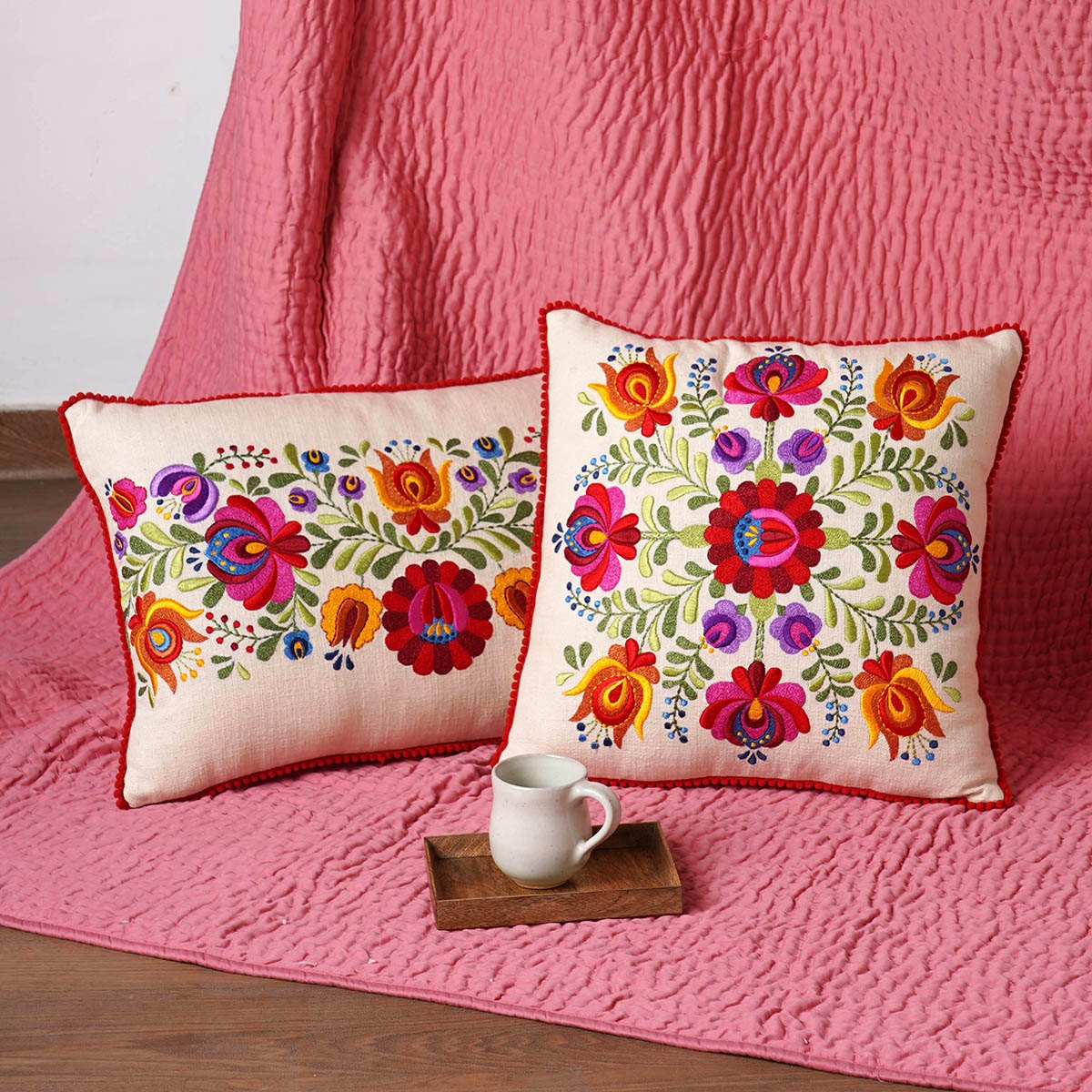 MATYO Embroidered Oblong Cotton Pillow Cover with Red Pompom Lace