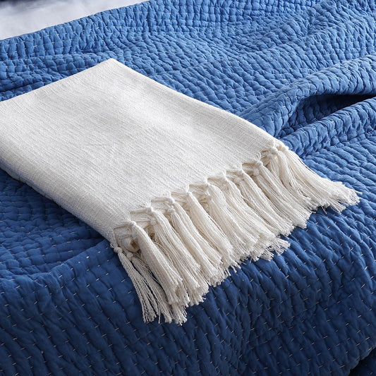White Slub Cotton Throw Blanket with Fringes - 50x60 inches