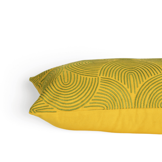 Yellow Long Lumbar Pillow Cover with Green Ogee Embroidery
