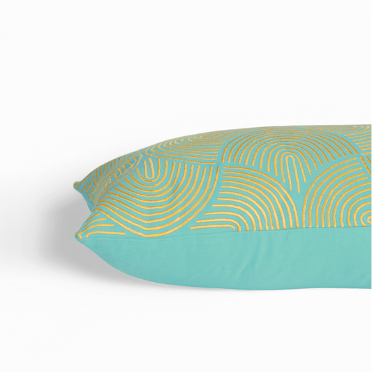 KASHIDAKAARI Turquoise Long Lumbar Pillow Cover with Yellow Ogee Embroidery