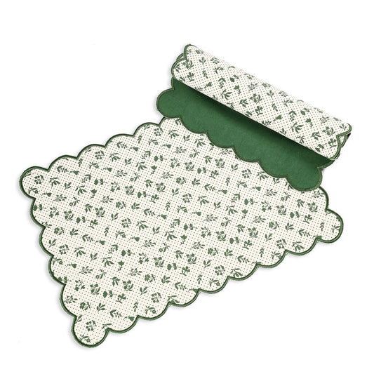 Green Scalloped Cotton Placemat with Floral Block Print – 13x19