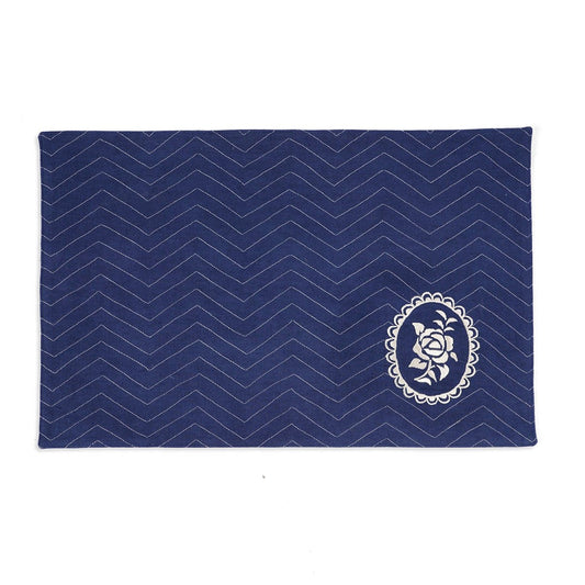 Indigo Blue Cotton Placemat with Chevron Rose Embroidery