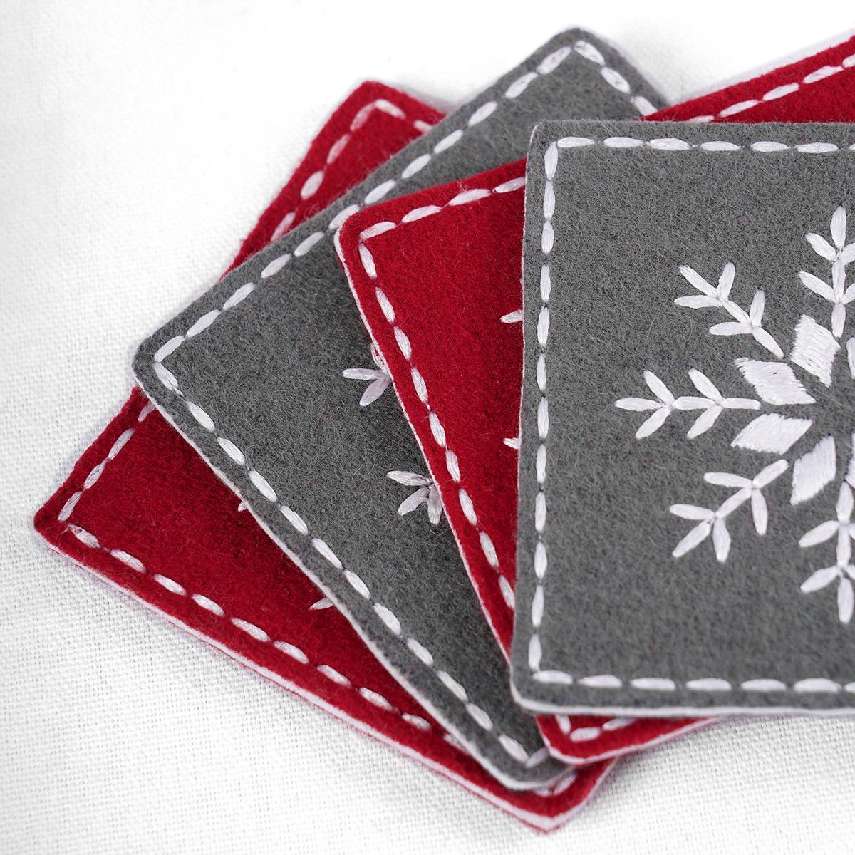 Festive Red & Grey Felt Embroidered Christmas Coaster Set of 8