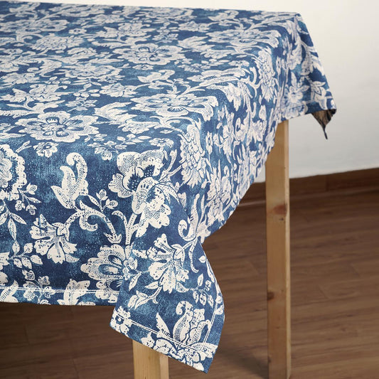 Indigo Dark Blue Dominoterie Bold Floral Cotton Table Cover