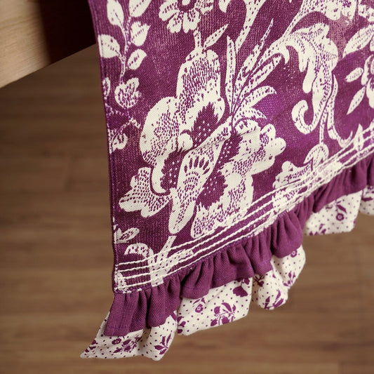 Maroon Plum Cotton Table Runner with Bold Floral Block Print and Frill Border