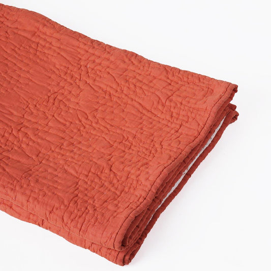 Rust Hand Quilted Cotton Throw Blanket with Chevron Zigzag Pattern