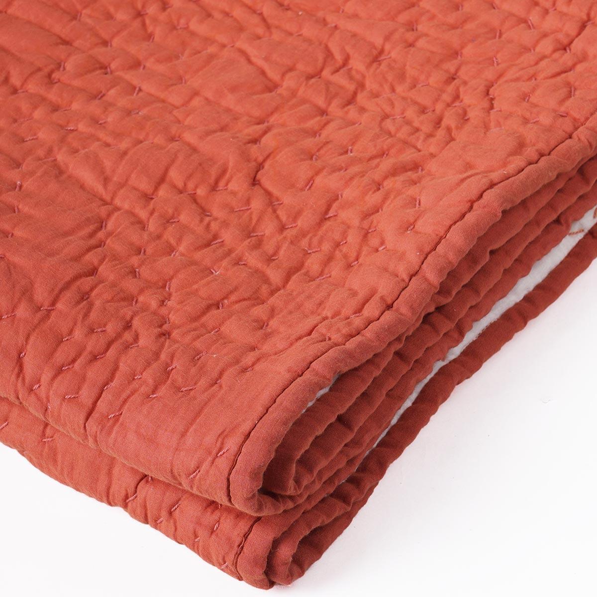 Rust Hand Quilted Cotton Throw Blanket with Chevron Zigzag Pattern