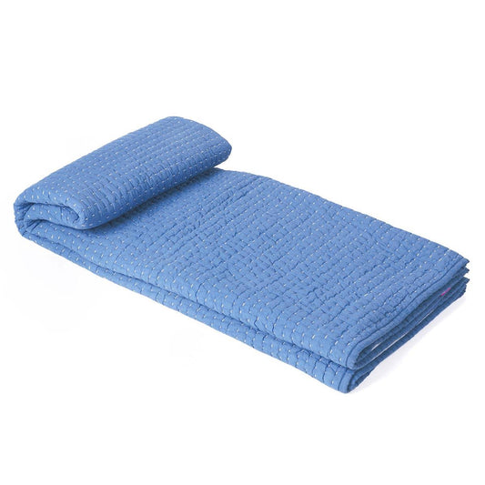 Denim Blue Hand Quilted Kantha Throw Blanket | 100% Cotton | 50×60 Inches