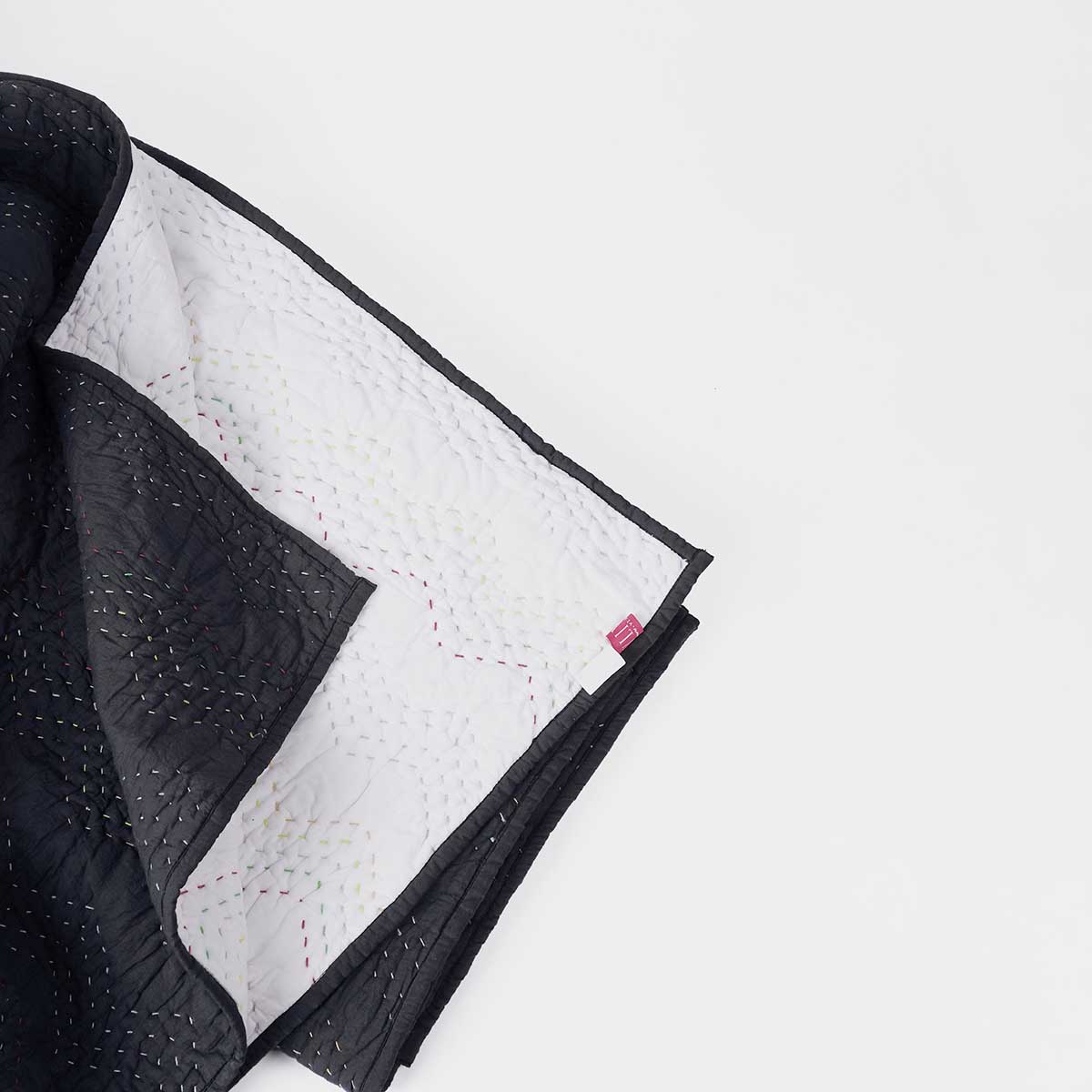 Black Hand Quilted Kantha Throw Blanket | Chevron Zig-Zag Pattern | 100% Cotton | 50×60 Inches
