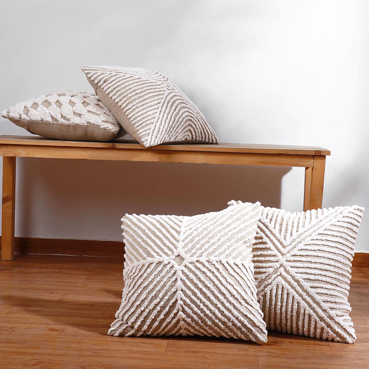 Zulu Collection Tufted Off-White & Beige Pillow Cover 18x18 inches