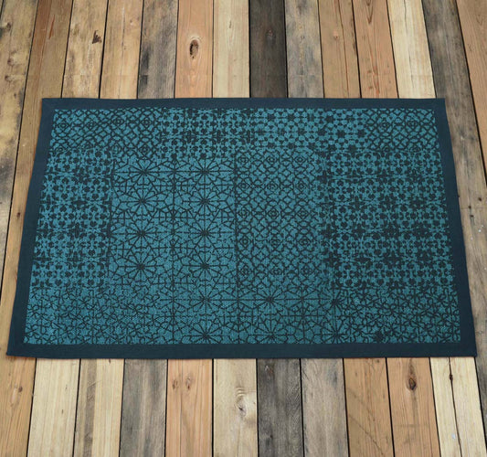 Teal Geometric Trellis Cotton Rug | Distressed Print | Handmade in India