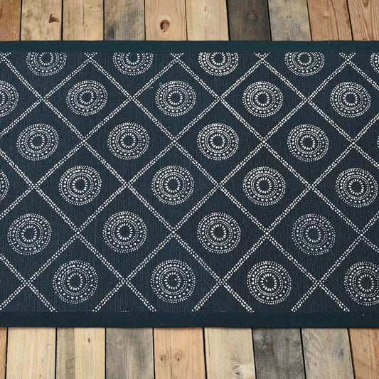 Indigo Hand‑Printed Cotton Rug with Geometric Tribal Pattern
