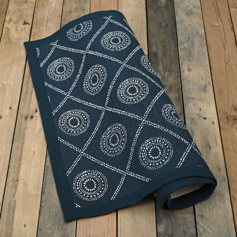 Indigo Hand‑Printed Cotton Rug with Geometric Tribal Pattern