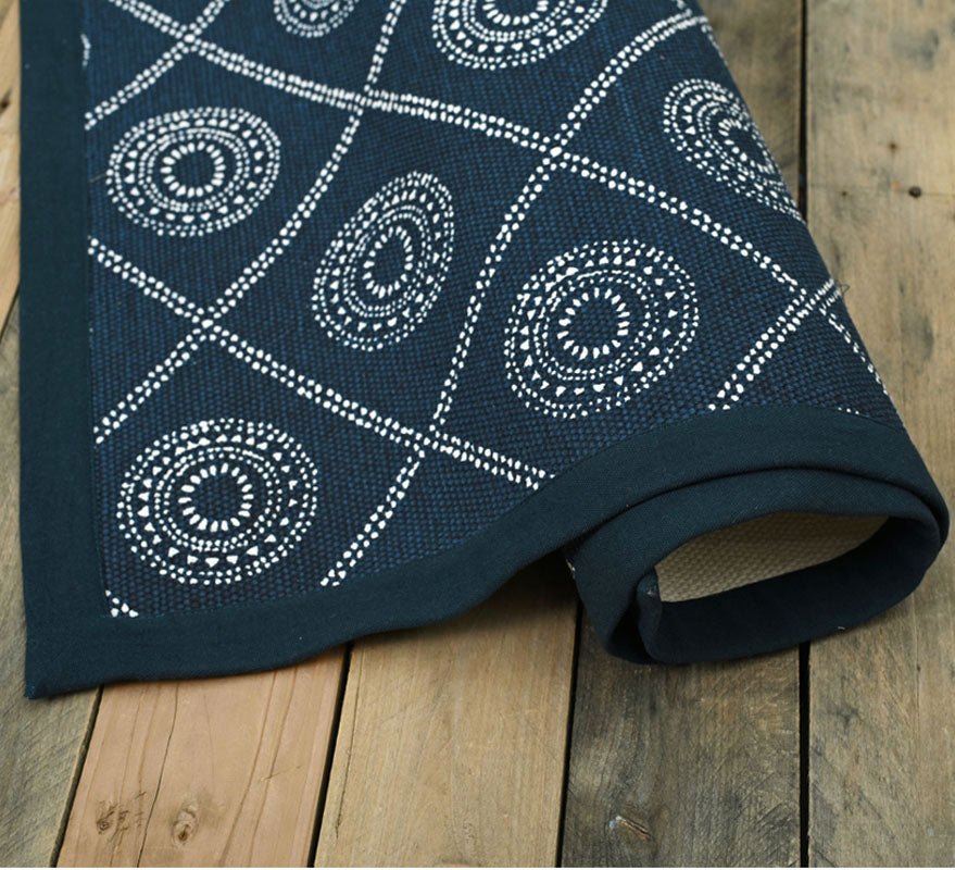 Indigo Hand‑Printed Cotton Rug with Geometric Tribal Pattern