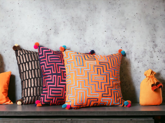 Mola Inspired Tangerine Orange Embroidered Cushion Cover – Blue & Pink Pompom Corners, 3 Sizes