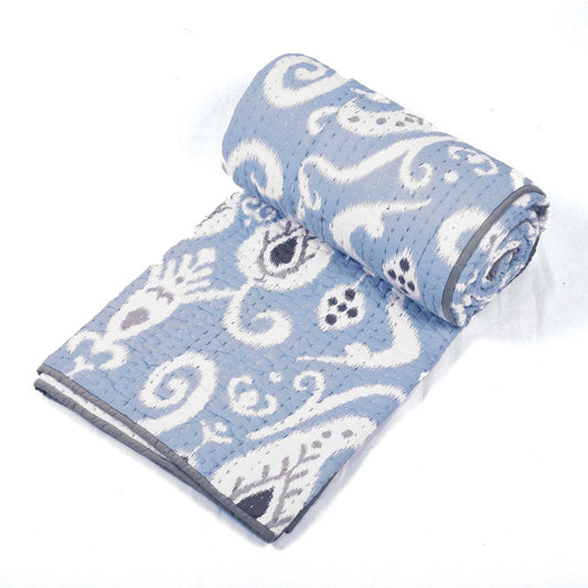 Blue Ikat Kantha Quilt with Stripe Pattern – Twin Queen King