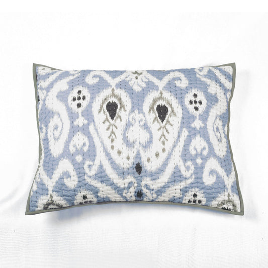 Blue Ikat Kantha Quilted Pillow Sham with Stripe Pattern