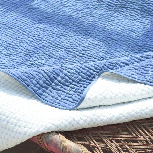 Denim Blue Stonewashed Kantha Quilted Bed Set with Pillow Cases
