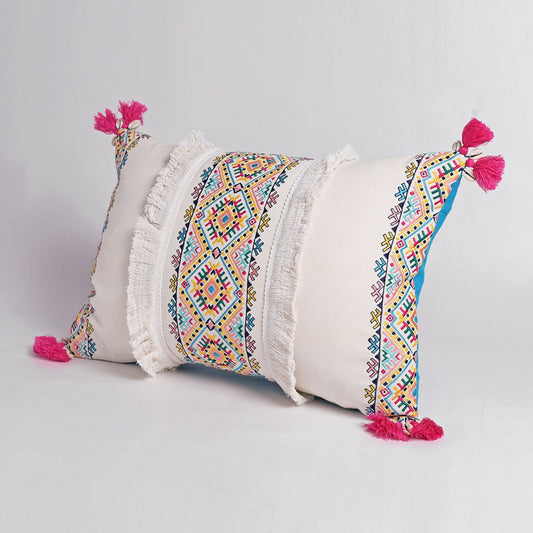 Banjara Embroidered Cotton Cushion Cover | Pastel Peruvian Boho | Tassels & Fringe | 2 Sizes