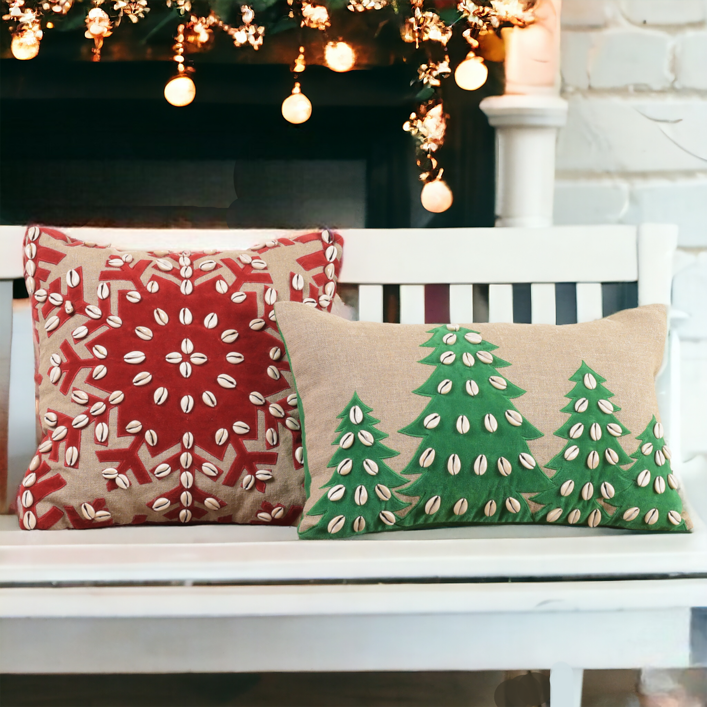 Festive Christmas Linen Pillow Cover with Velvet Tree Applique and Cowrie Shells