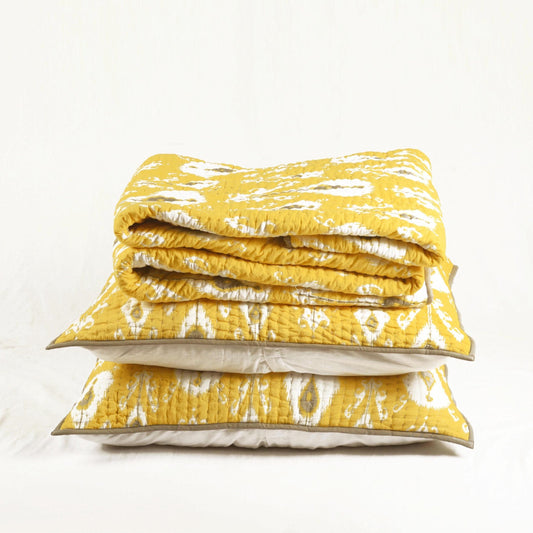 Yellow Ikat Kantha Quilted Bed Set with Stripe Pattern