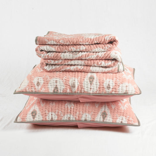 Coral Ikat Print Kantha Quilted Bed Set Twin Queen King