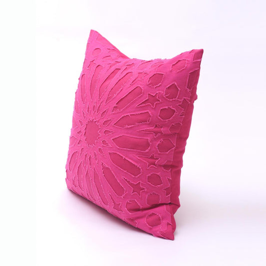 Fuschia Cotton Pillow Cover with Geometric Arabesque Applique