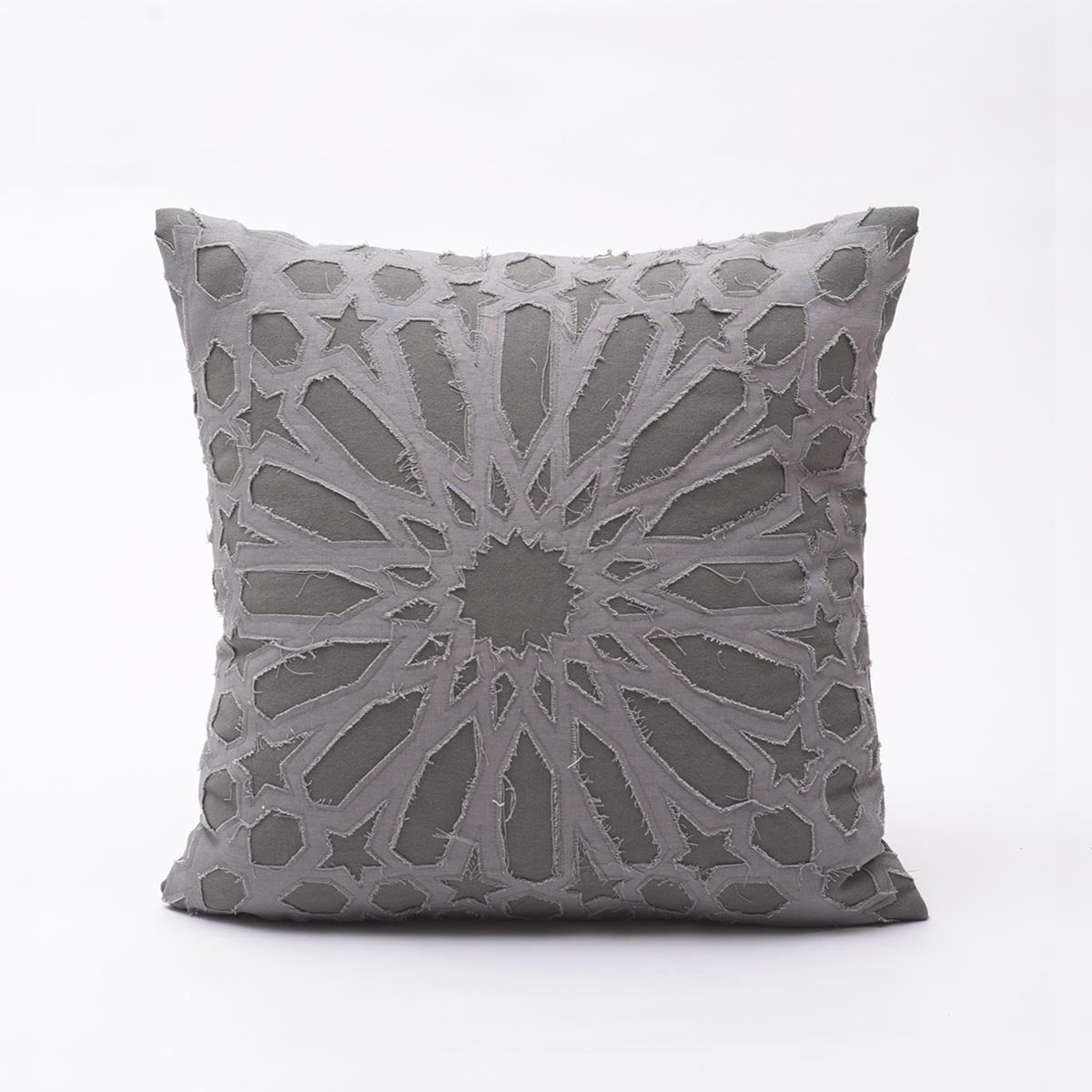 Elegant Grey Cotton Pillow Cover with Geometric Arabesque Applique