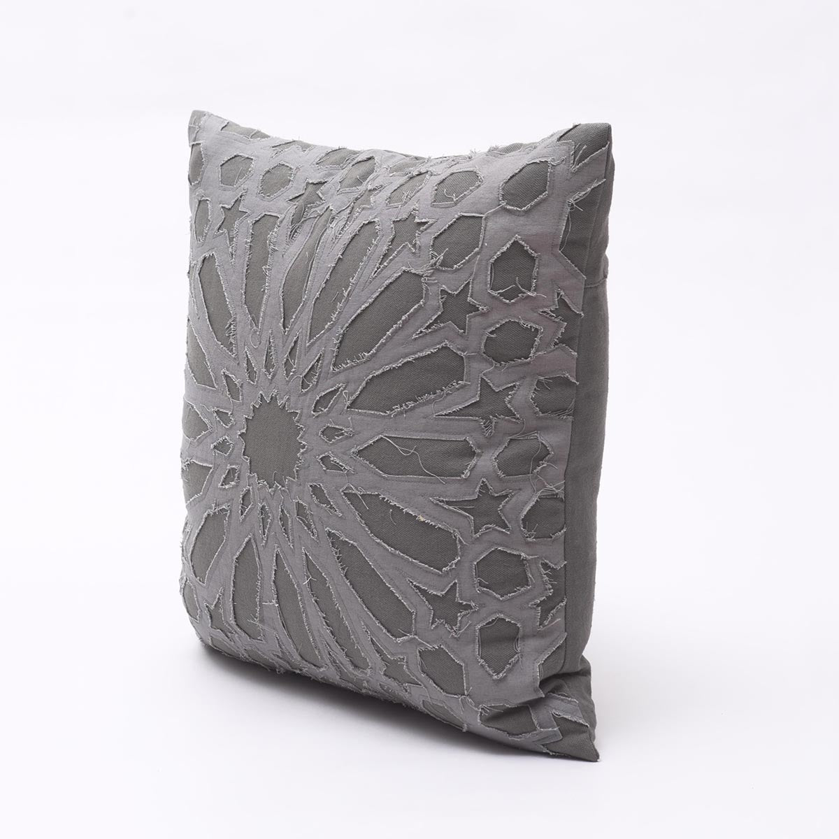 Elegant Grey Cotton Pillow Cover with Geometric Arabesque Applique