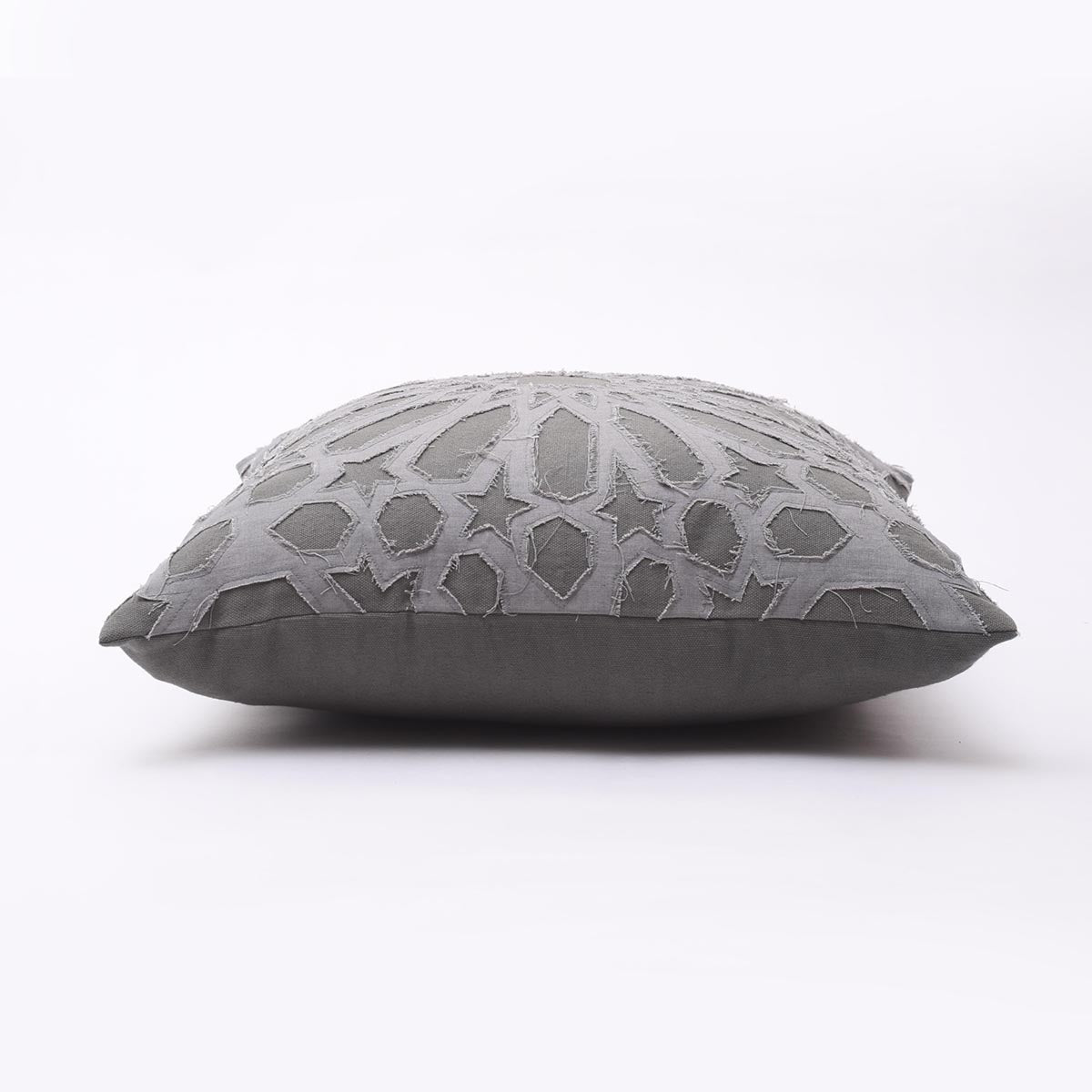 Elegant Grey Cotton Pillow Cover with Geometric Arabesque Applique