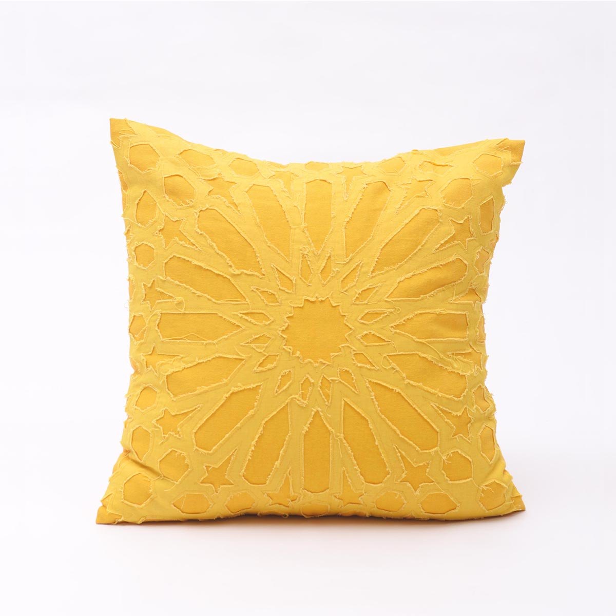 Vliving Yellow Cotton Pillow Cover with Geometric Arabesque Applique