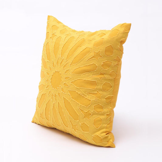 Vliving Yellow Cotton Pillow Cover with Geometric Arabesque Applique