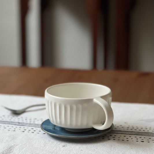 LivingClay Fluted Ivory Cup with Blue Saucer – 200ml