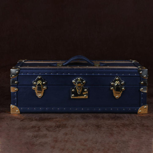 Elegant Blue Leather Petite Wine Trunk with Brass Accents