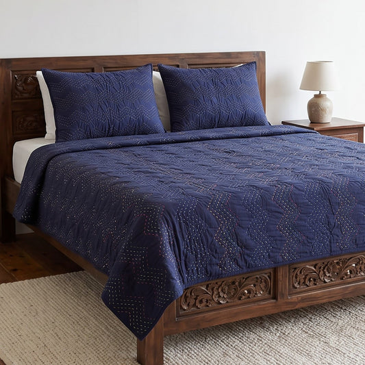Indigo Kantha Quilted Bed Set | Chevron Pattern | Handmade | Twin, Queen & King