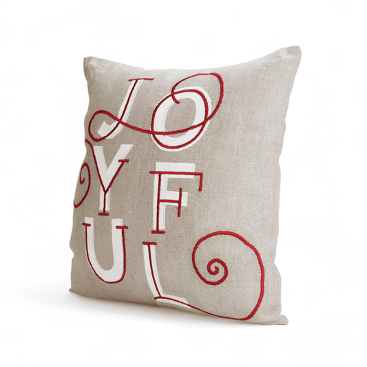 JOYFUL Christmas Linen Pillow Cover: Modern Retro Embroidered Red & White Design
