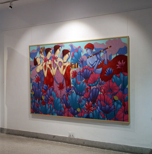 Vibrant Raag Basant Spring Celebration Art by Sekhar Roy: Krishna & Gopiyas Love Painting