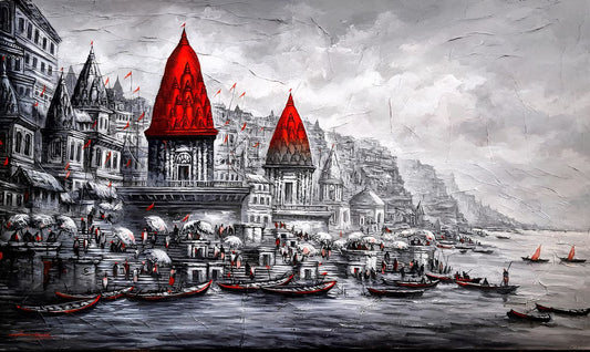 Ananda Das Original Varanasi Dreamscape Crimson Peaks Devotion Acrylic Canvas Painting