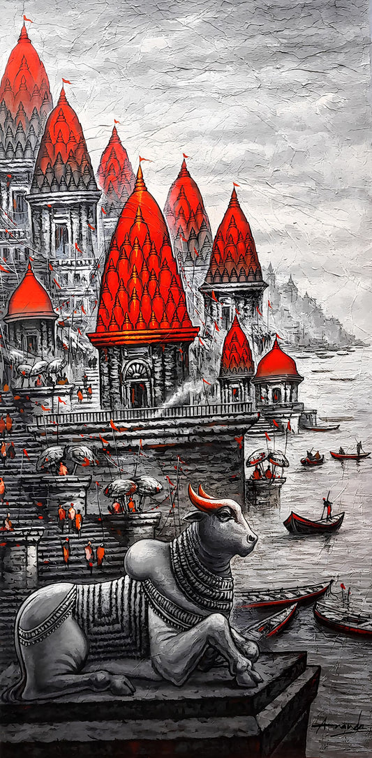 Divine Nandi at Kashi: Acrylic Canvas Painting for Blessings & Prosperity